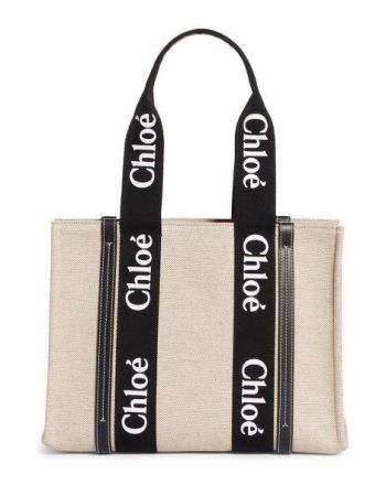 Chloe Medium Woody Logo Strap Canvas Tote Black